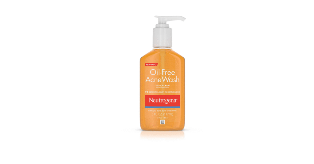 Neutrogena Oil-Free Acne Wash bottle with clear skin background