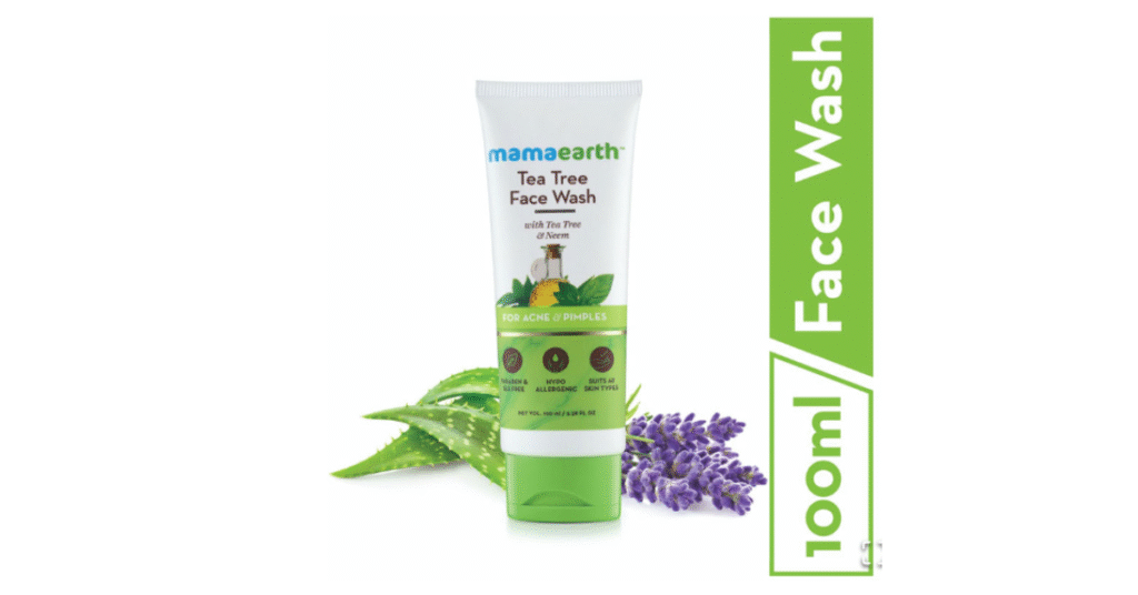 Mamaearth Tea Tree Face Wash tube with tea tree leaves