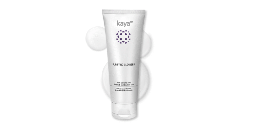 Kaya Acne Free Purifying Cleanser tube with clear skin background